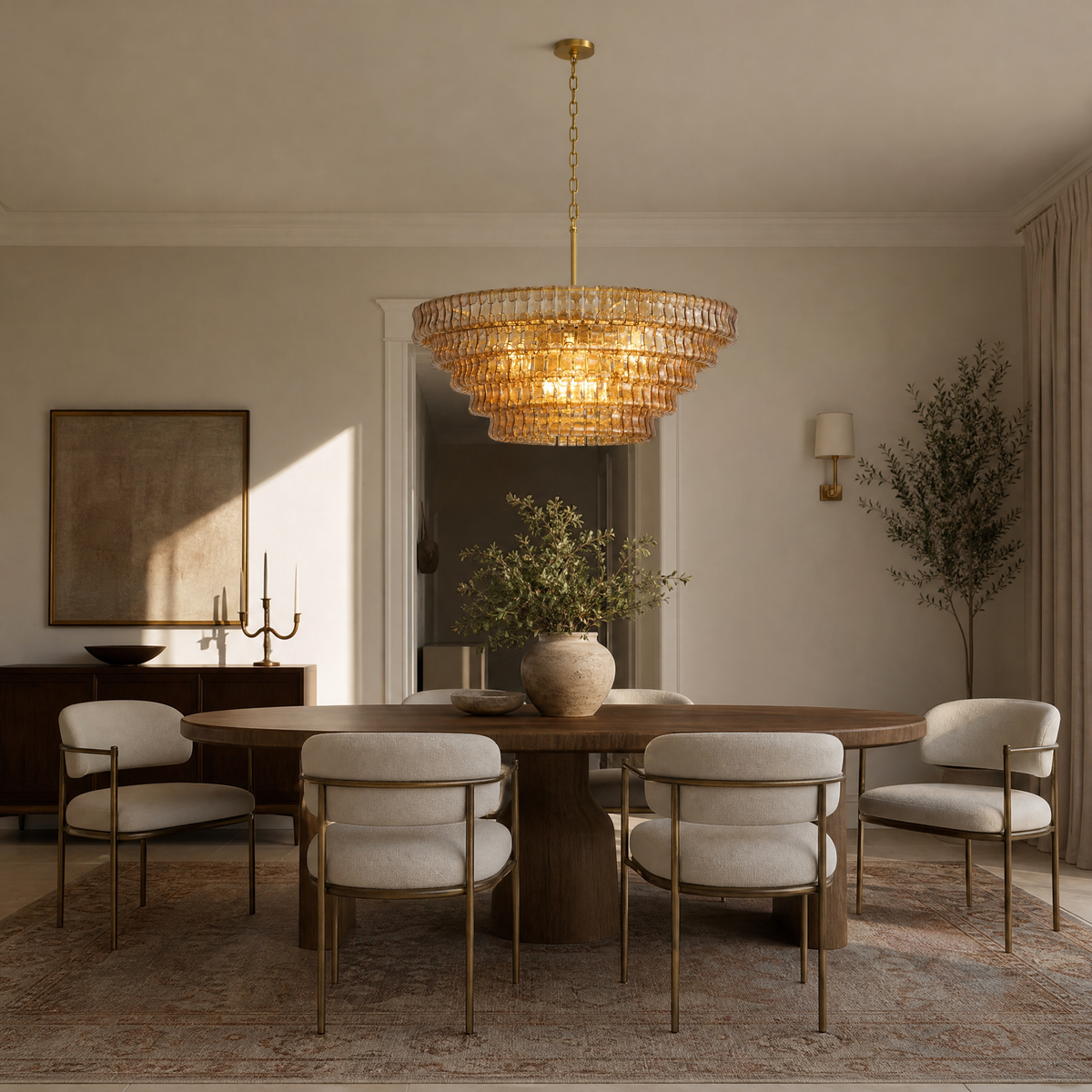 48" Hook Plate Amber Glass Round Chandelier
