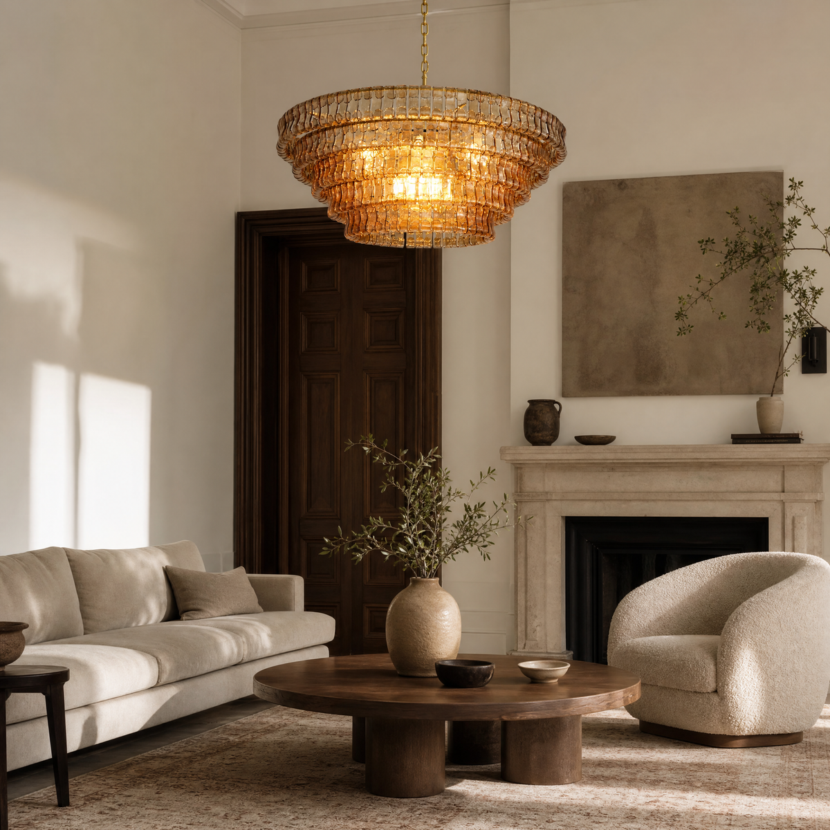 48" Hook Plate Amber Glass Round Chandelier