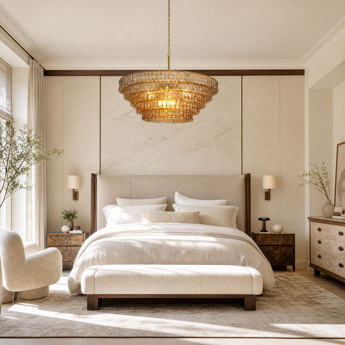 48" Hook Plate Amber Glass Round Chandelier