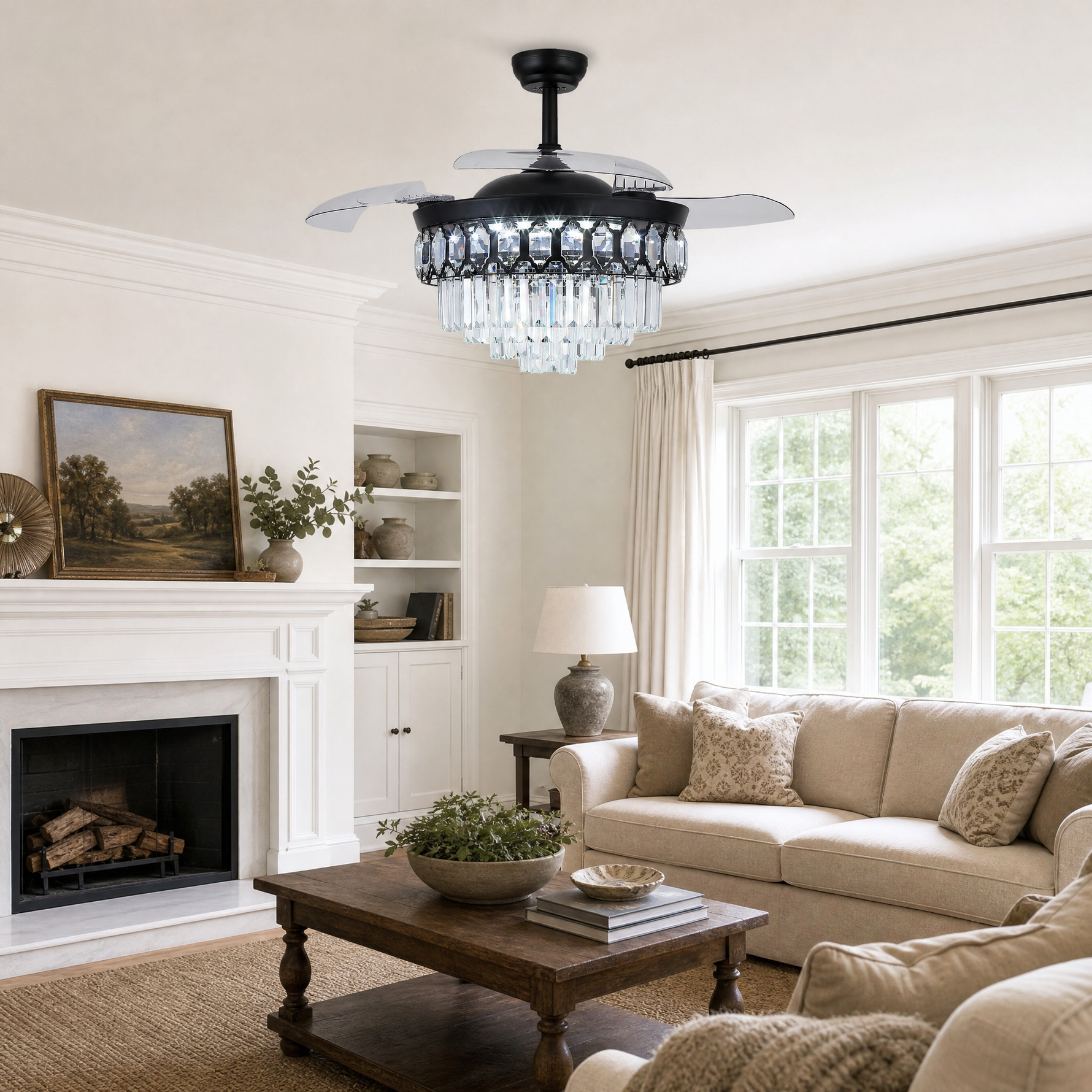 48" Retractable Blade Ceiling Fan with Crystal Chandelier