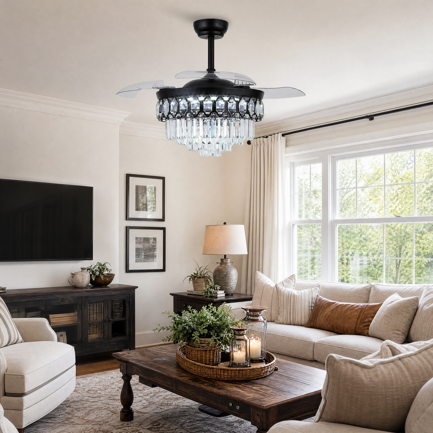 48" Retractable Blade Ceiling Fan with Crystal Chandelier