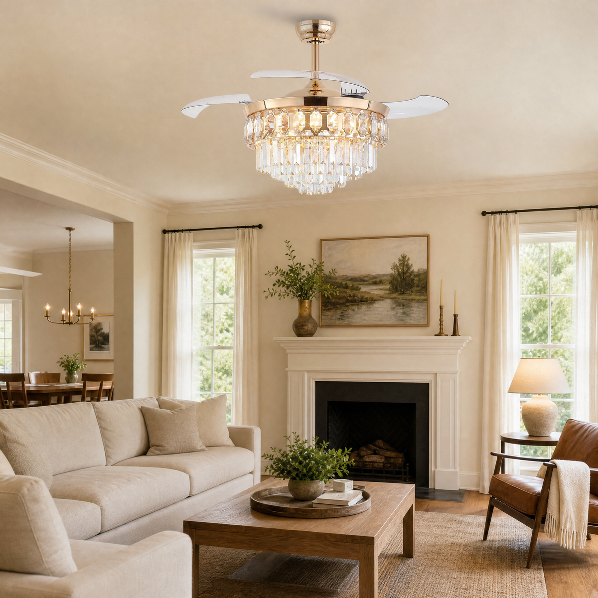 48" Retractable Blade Ceiling Fan with Crystal Chandelier