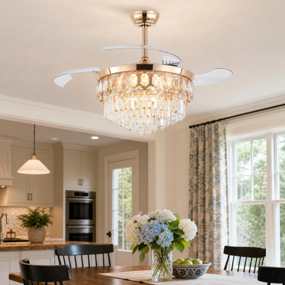 48" Retractable Blade Ceiling Fan with Crystal Chandelier