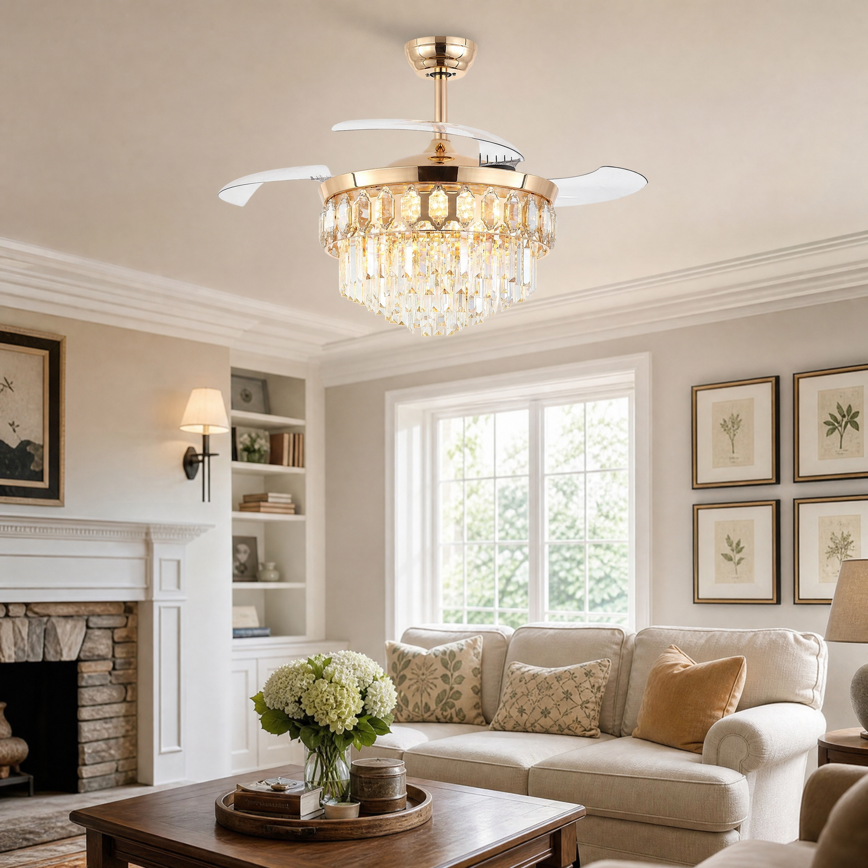 48" Retractable Blade Ceiling Fan with Crystal Chandelier