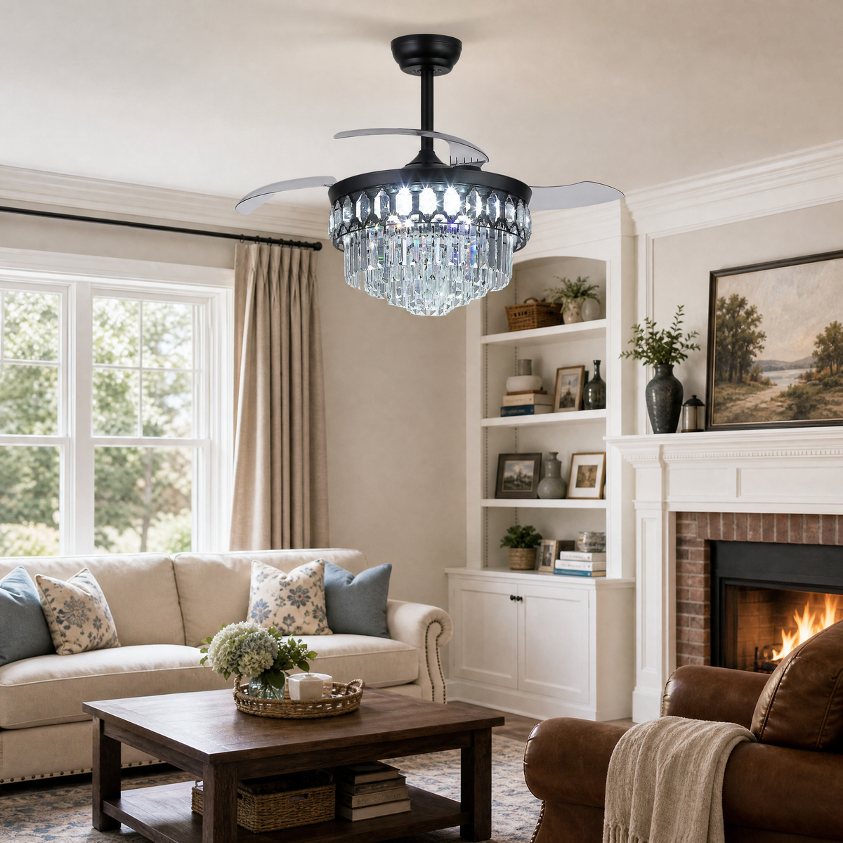 48" Retractable Blade Ceiling Fan with Crystal Chandelier