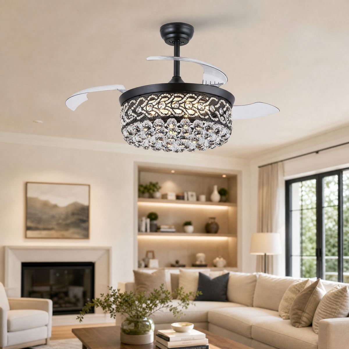 48" Retractable Blade Ceiling Fan with Crystal Drum Chandelier