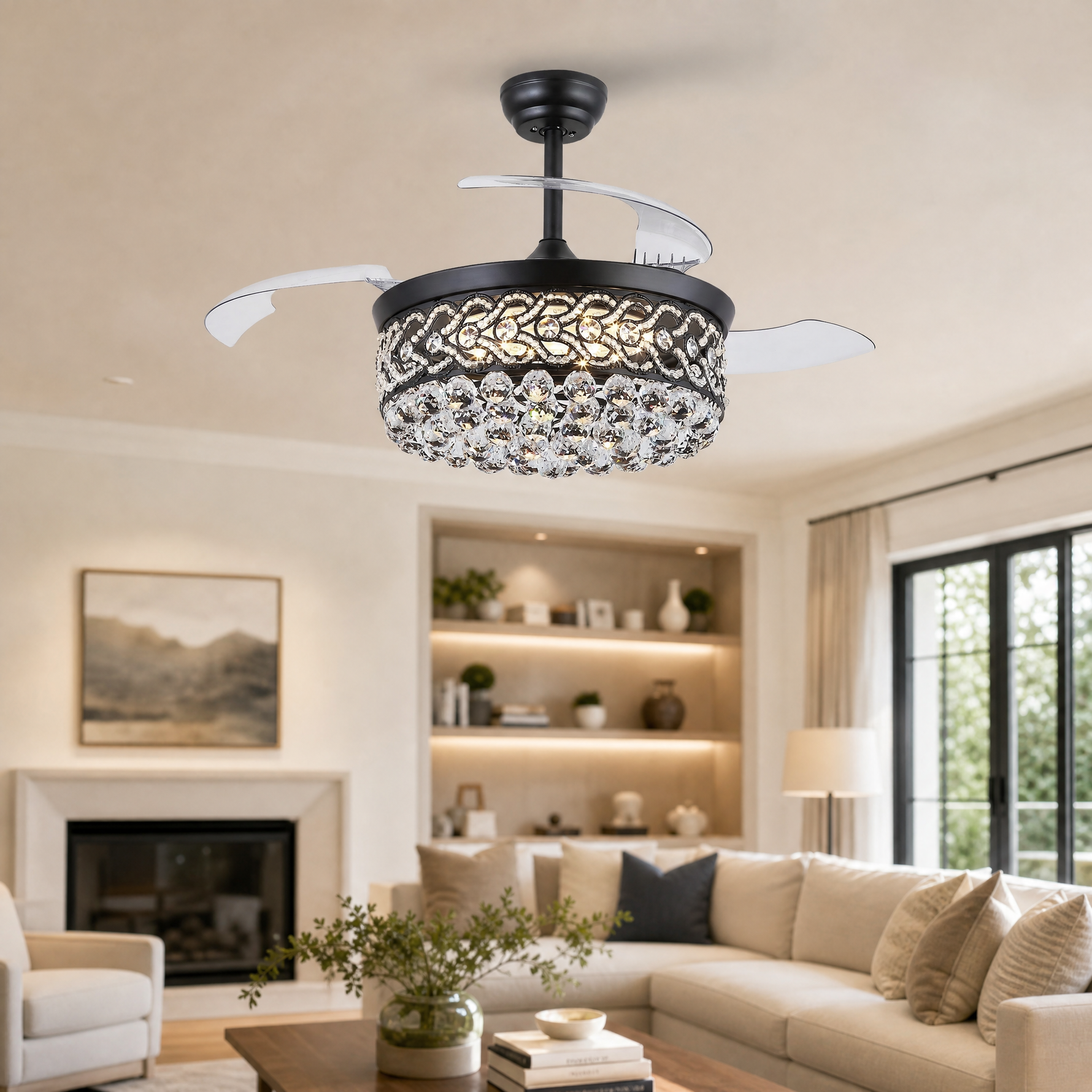 48" Retractable Blade Ceiling Fan with Crystal Drum Chandelier