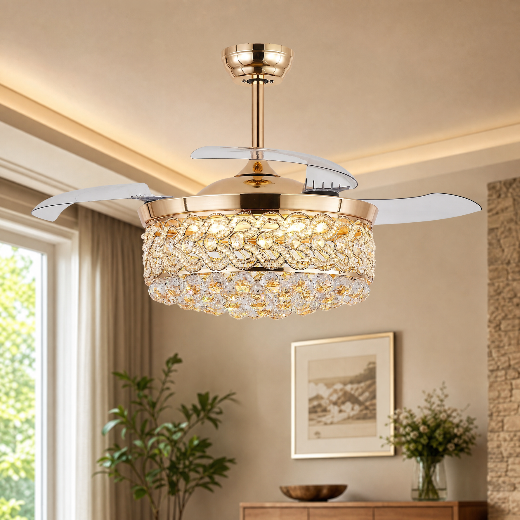 48" Retractable Blade Ceiling Fan with Crystal Drum Chandelier