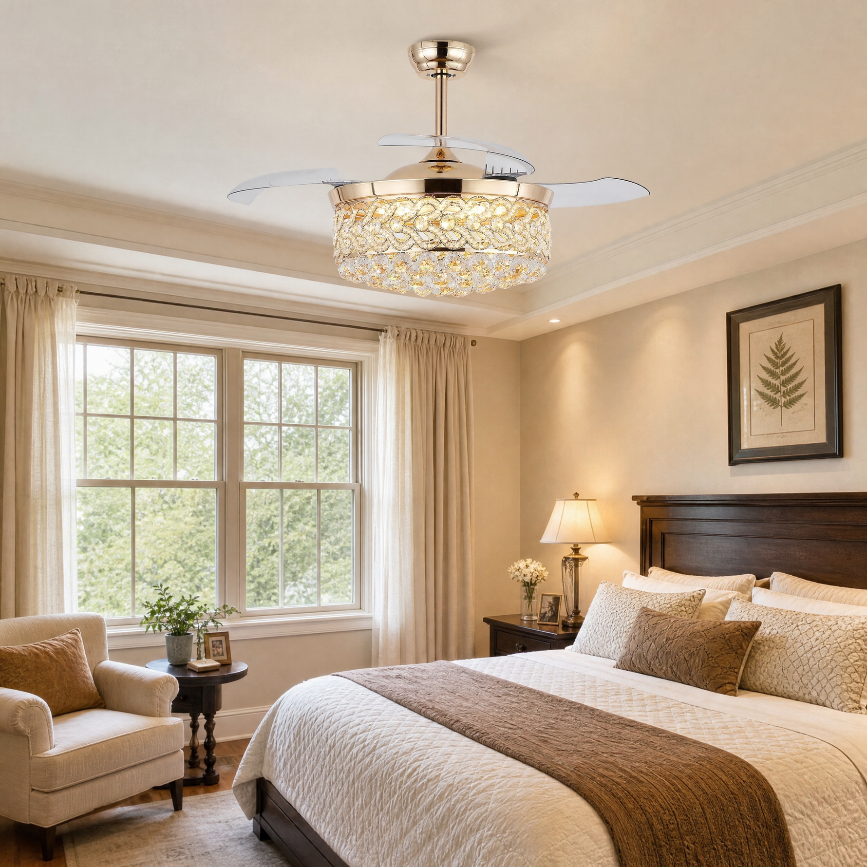48" Retractable Blade Ceiling Fan with Crystal Drum Chandelier