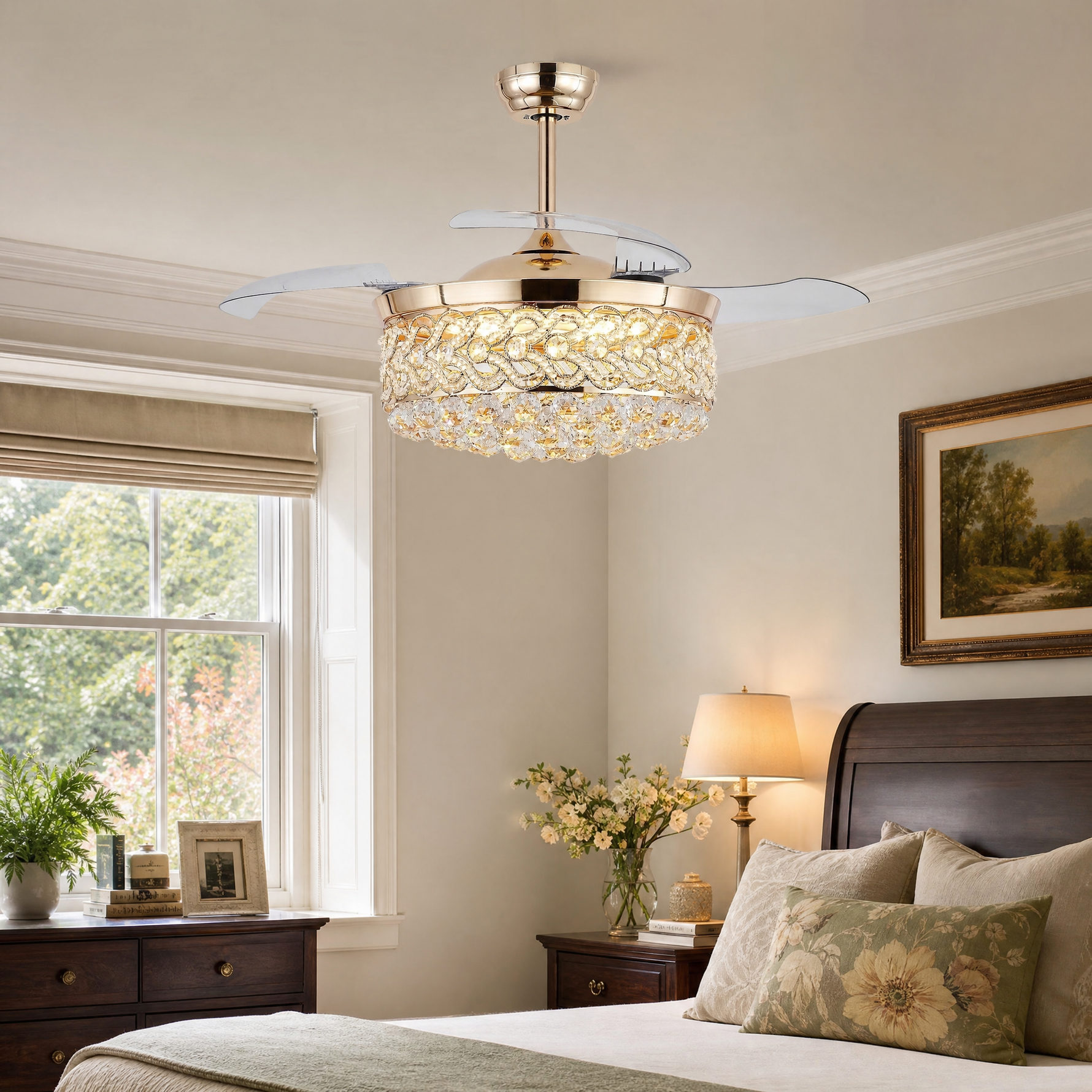 48" Retractable Blade Ceiling Fan with Crystal Drum Chandelier