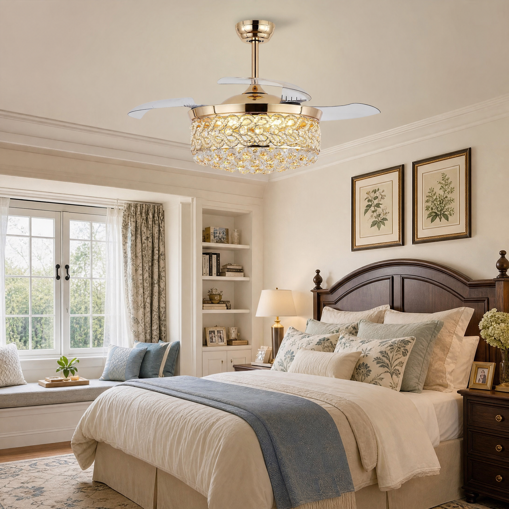 48" Retractable Blade Ceiling Fan with Crystal Drum Chandelier