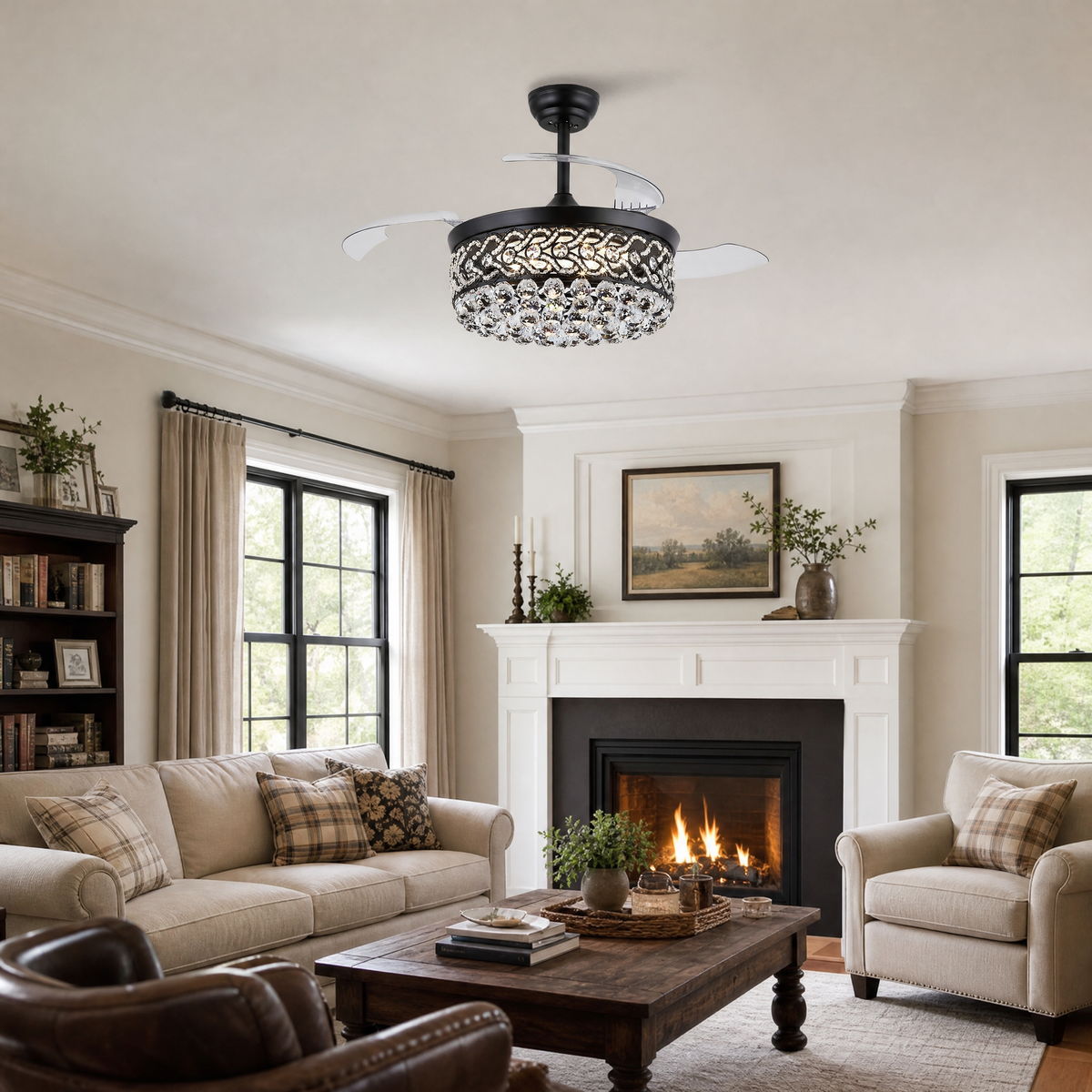 48" Retractable Blade Ceiling Fan with Crystal Drum Chandelier