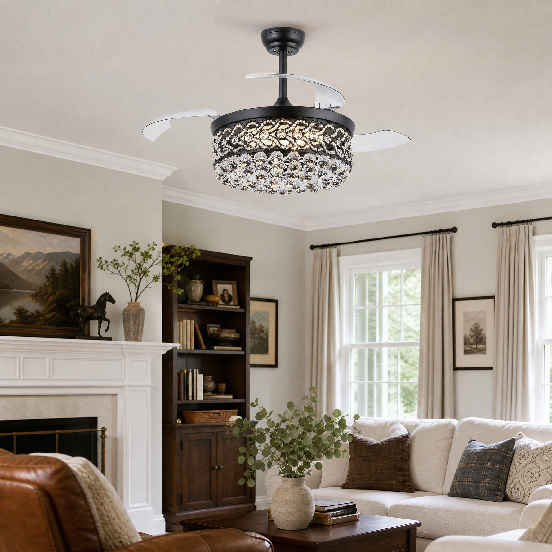 48" Retractable Blade Ceiling Fan with Crystal Drum Chandelier