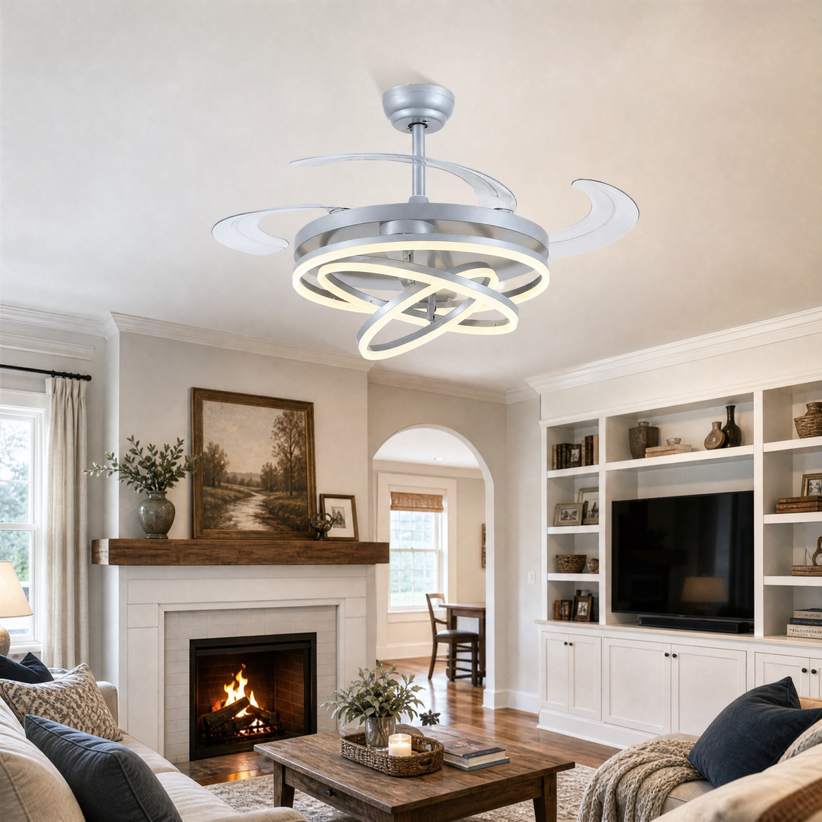 48" Retractable Blade Ceiling Fan with Integrated LED Ring Light