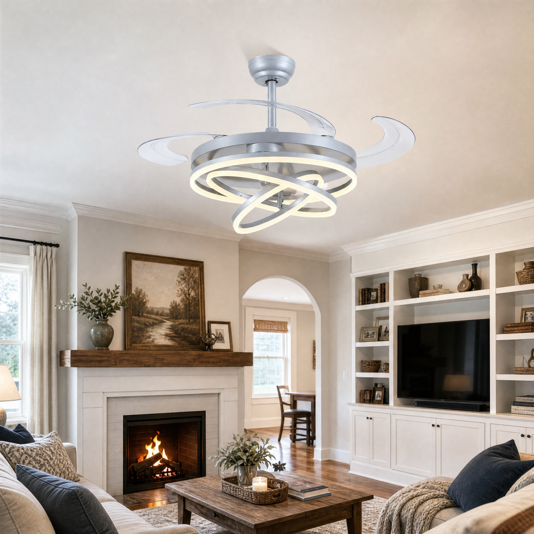48" Retractable Blade Ceiling Fan with Integrated LED Ring Light