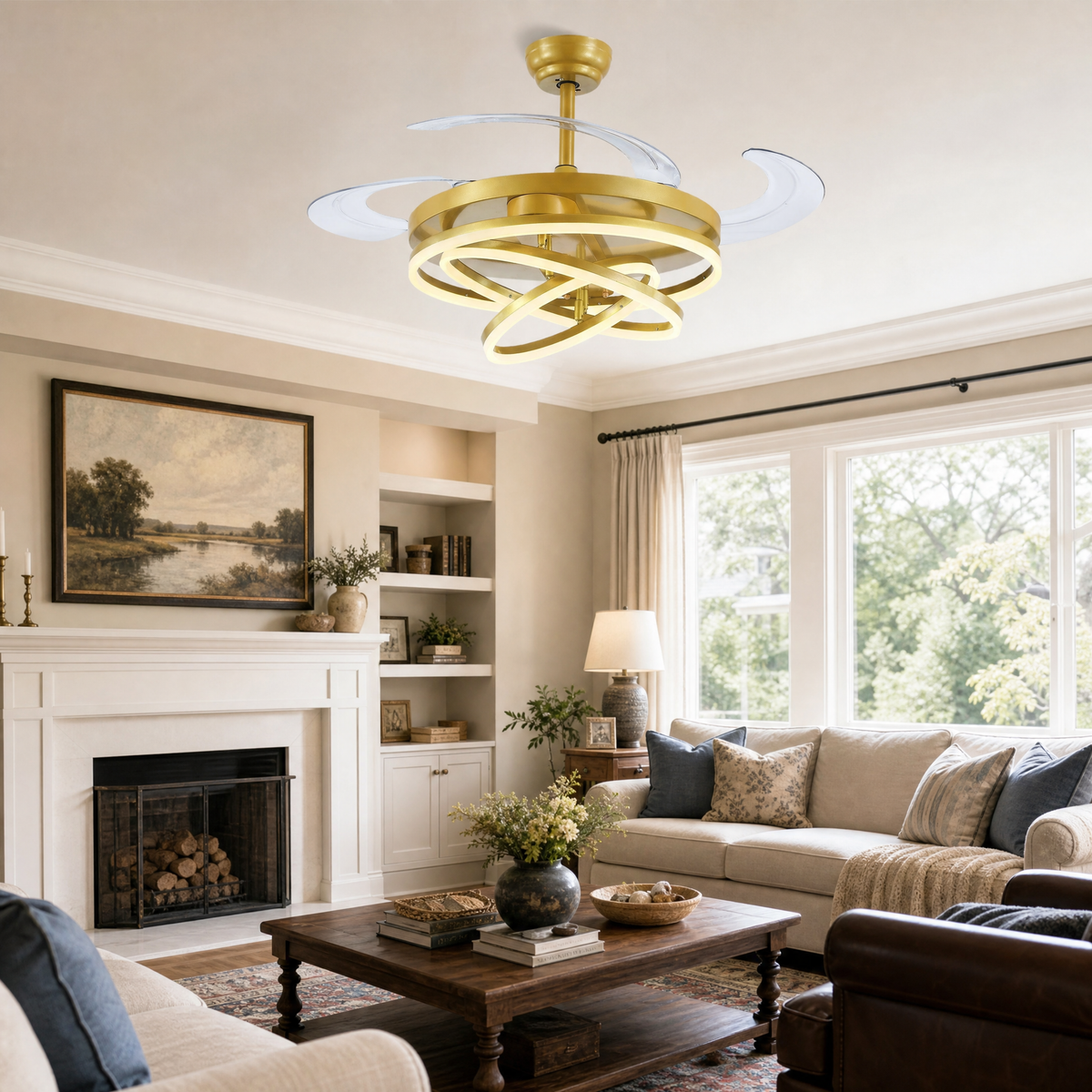 48" Retractable Blade Ceiling Fan with Integrated LED Ring Light
