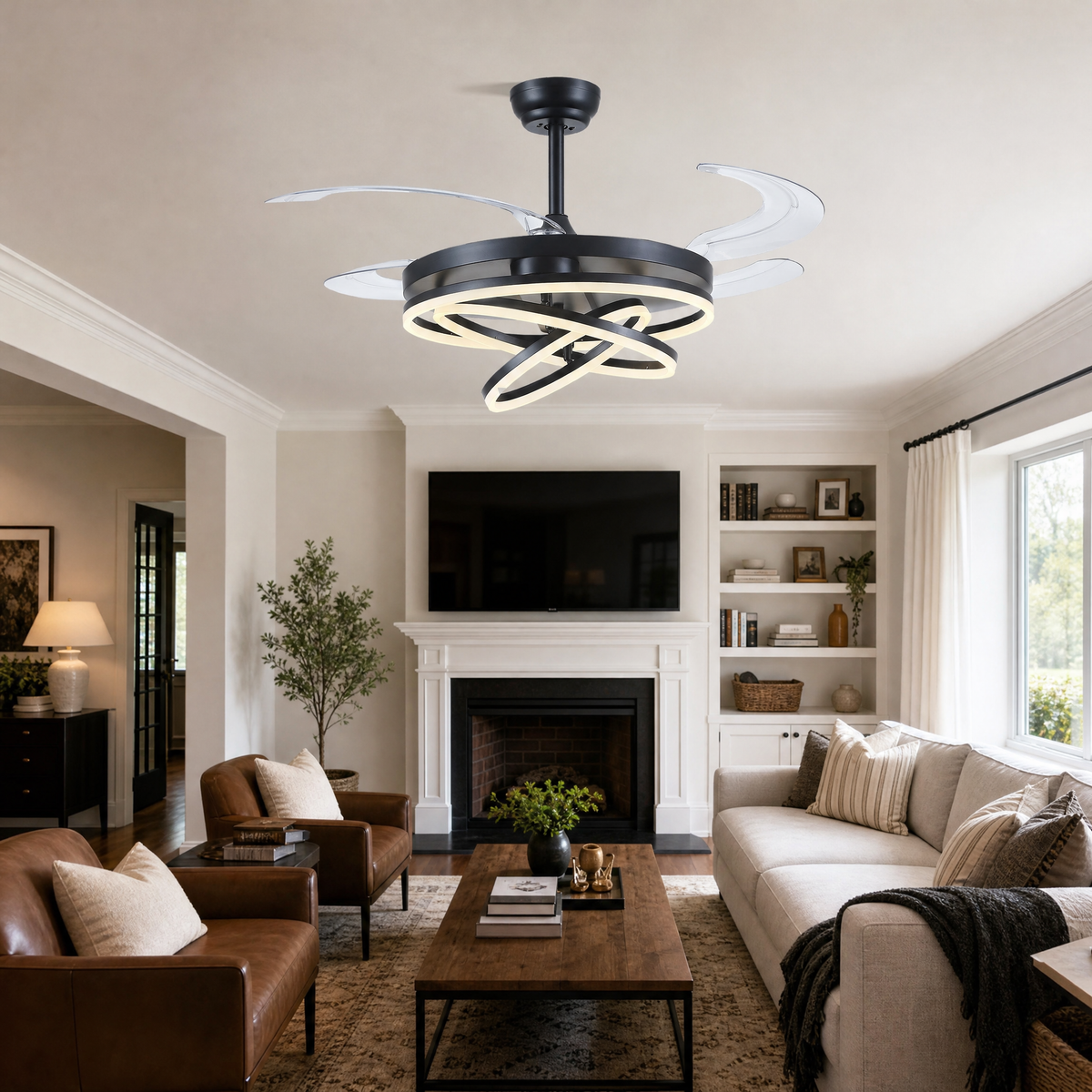 48" Retractable Blade Ceiling Fan with Integrated LED Ring Light