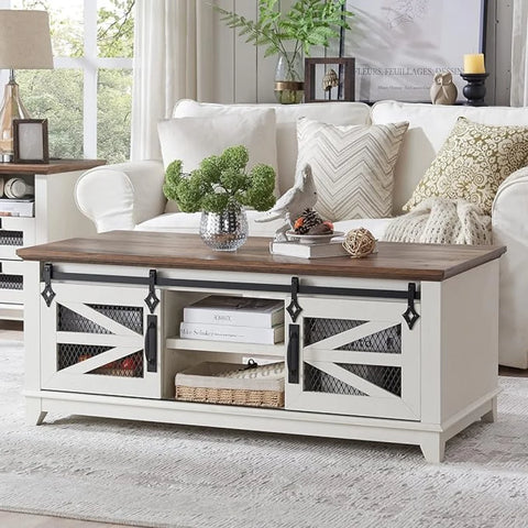OKD 48'' Farmhouse Coffee Table with Storage and Sliding Barn Doors