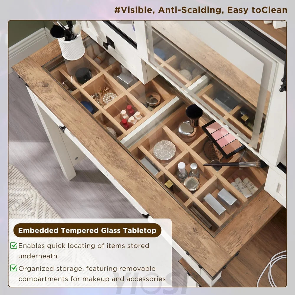 48'' Farmhouse Makeup Vanity Desk with Sliding HD Mirror and Lights