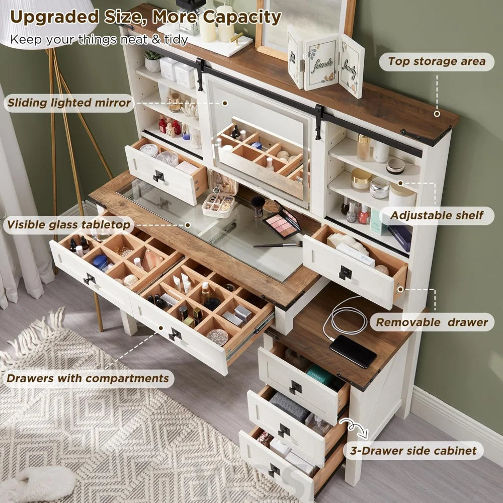 48'' Farmhouse Makeup Vanity Desk with Sliding HD Mirror and Lights