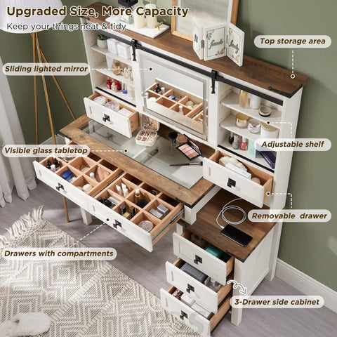48'' Farmhouse Makeup Vanity Desk with Sliding HD Mirror and Lights