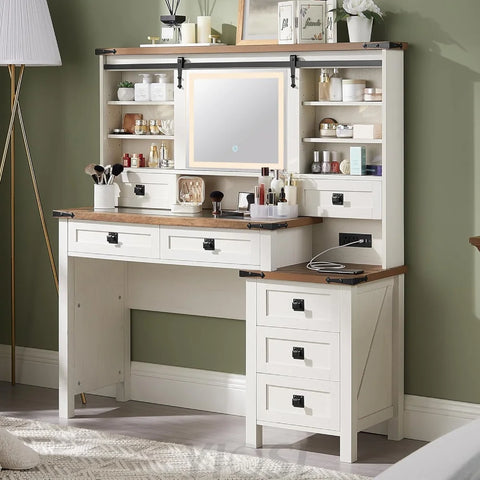 48'' Farmhouse Makeup Vanity Desk with Sliding HD Mirror and Lights