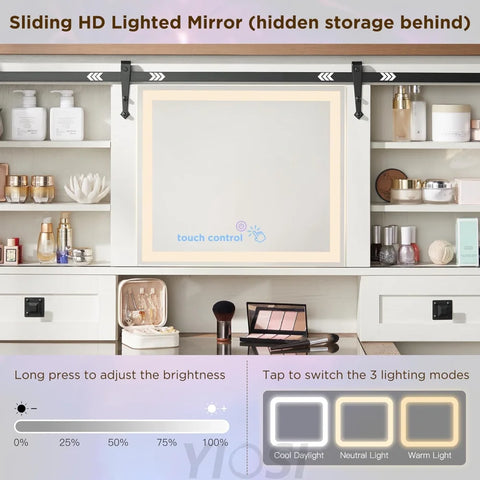 48'' Farmhouse Makeup Vanity Desk with Sliding HD Mirror and Lights