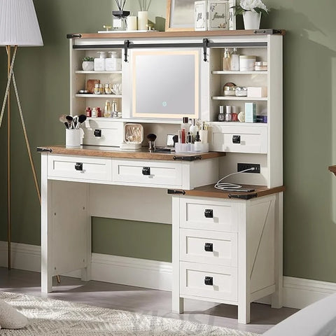 48'' Farmhouse Makeup Vanity Desk with Sliding HD Mirror and Lights