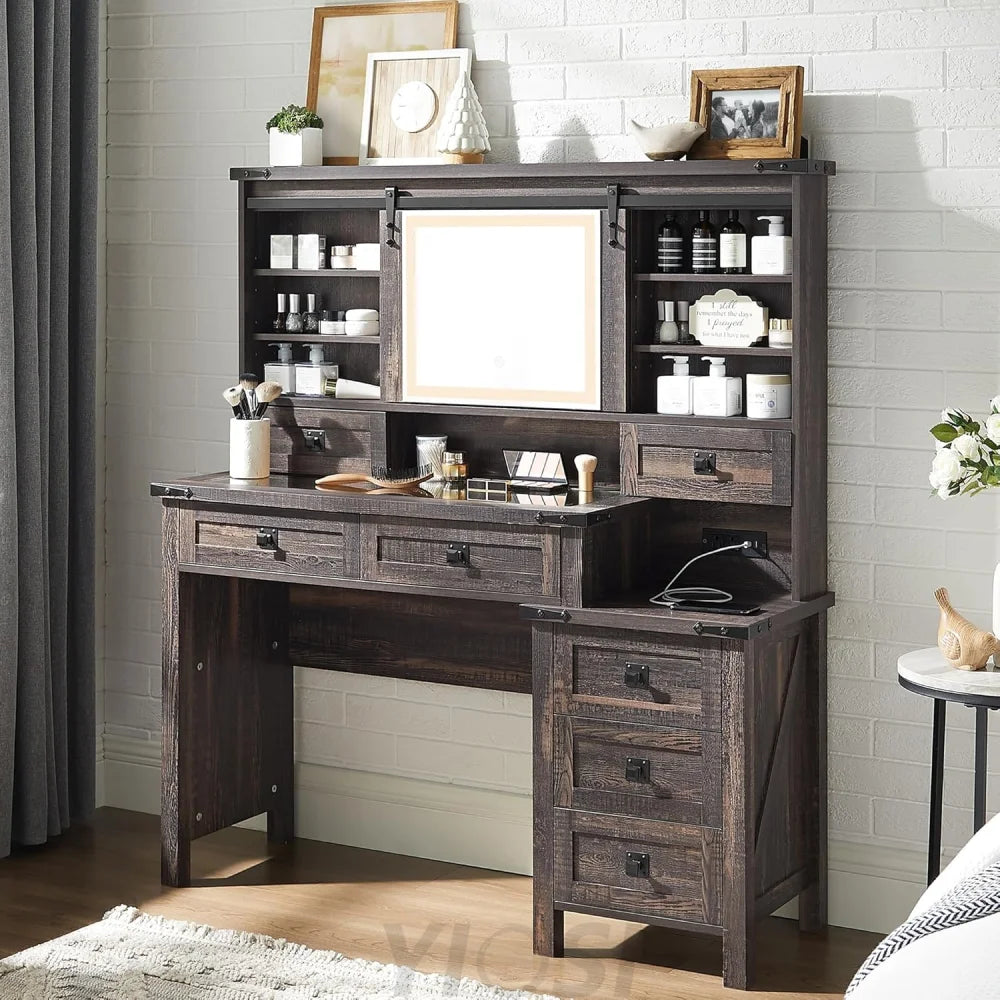 48’’ Farmhouse Makeup Vanity Desk with Sliding HD Mirror and Lights Dark Rustic Oak