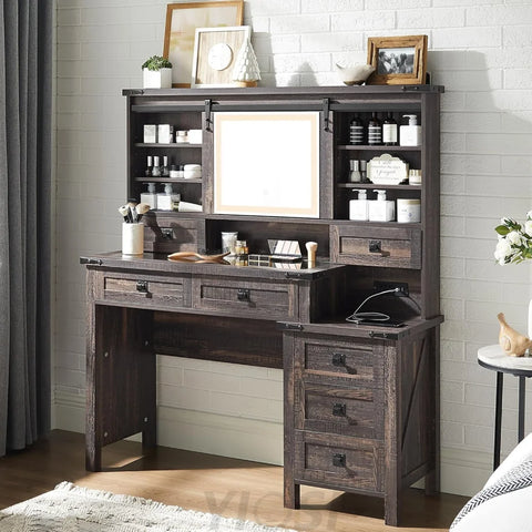 48’’ Farmhouse Makeup Vanity Desk with Sliding HD Mirror and Lights Dark Rustic Oak