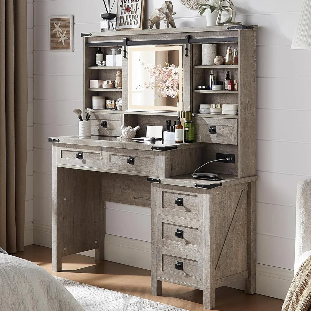 48’’ Farmhouse Makeup Vanity Desk with Sliding HD Mirror and Lights Light Rustic Oak