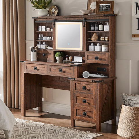 48’’ Farmhouse Makeup Vanity Desk with Sliding HD Mirror and Lights Reclaimed Barnwood