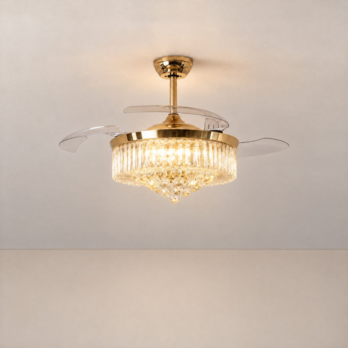 Yiosi 48-Inch Crystal Chandelier Ceiling Fan with Invisible Blades – lights on