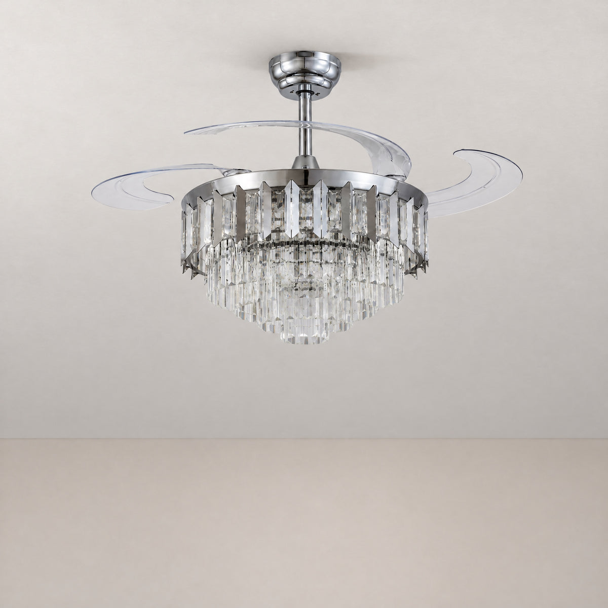 Yiosi 48-Inch Crystal Chandelier Ceiling Fan with Retractable Acrylic Blades – lights off