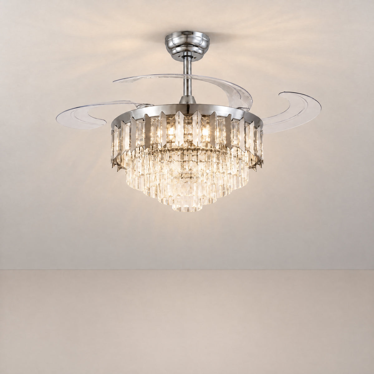 Yiosi 48-Inch Crystal Chandelier Ceiling Fan with Retractable Acrylic Blades – lights on
