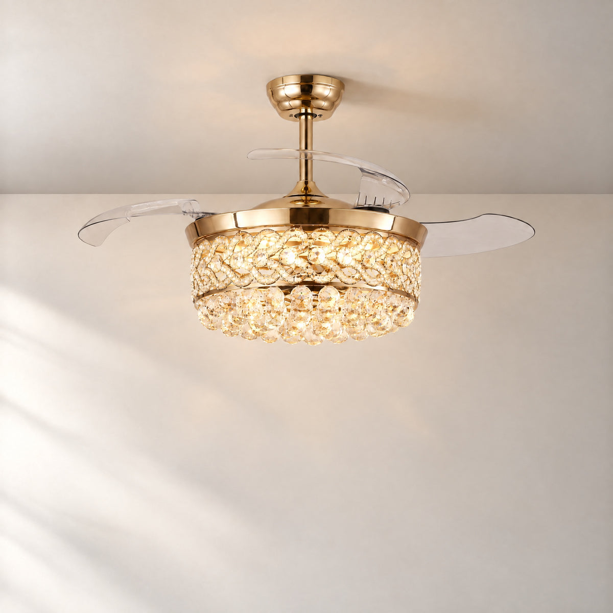 Yiosi 48-Inch Retractable Blade Ceiling Fan with Crystal Drum Chandelier – lights on