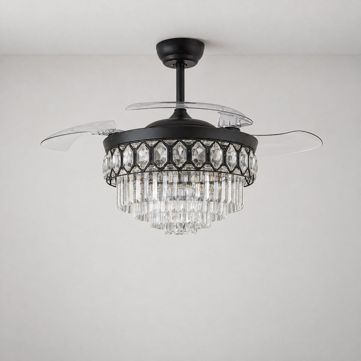 Yiosi 48-Inch Retractable Blade Ceiling Fan with Crystal Chandelier – lights off