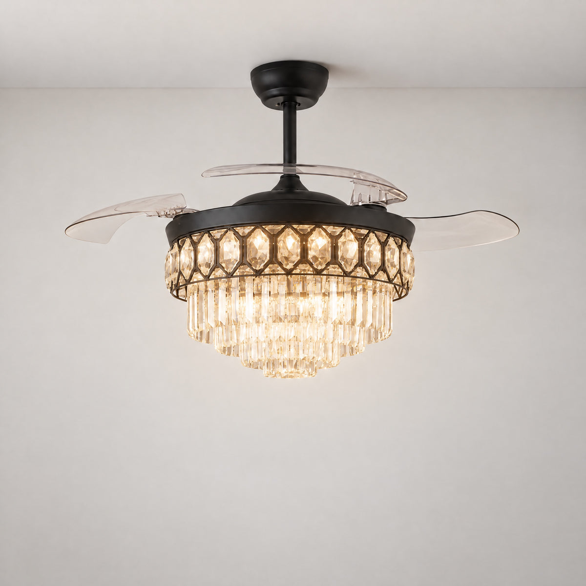 Yiosi 48-Inch Retractable Blade Ceiling Fan with Crystal Chandelier – lights on