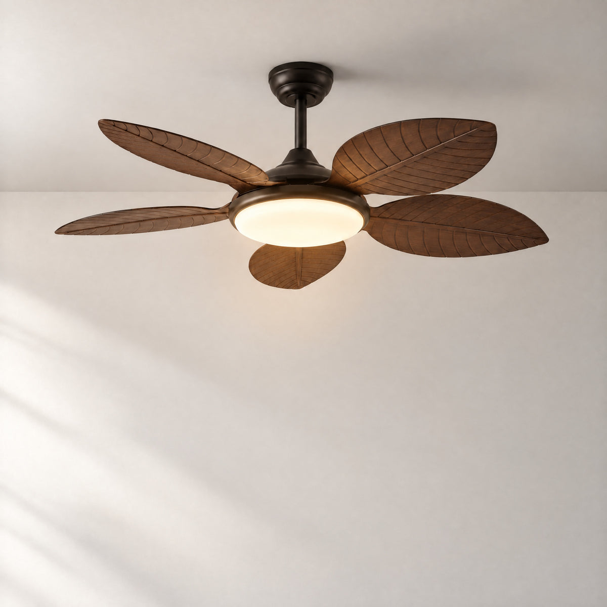 48" Tropical Palm Leaf Ceiling Fan with Dome Light – lights on