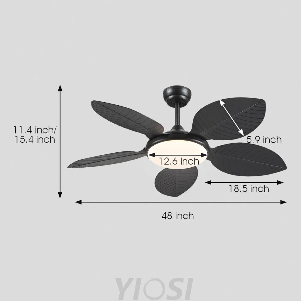48’’ Tropical Modern Ceiling Fan with LED Light Remote Control & Adjustable Height Black Ceiling Lights