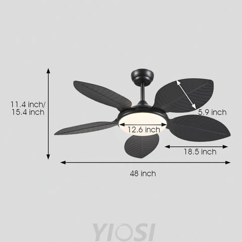 48’’ Tropical Modern Ceiling Fan with LED Light Remote Control & Adjustable Height Black Ceiling Lights
