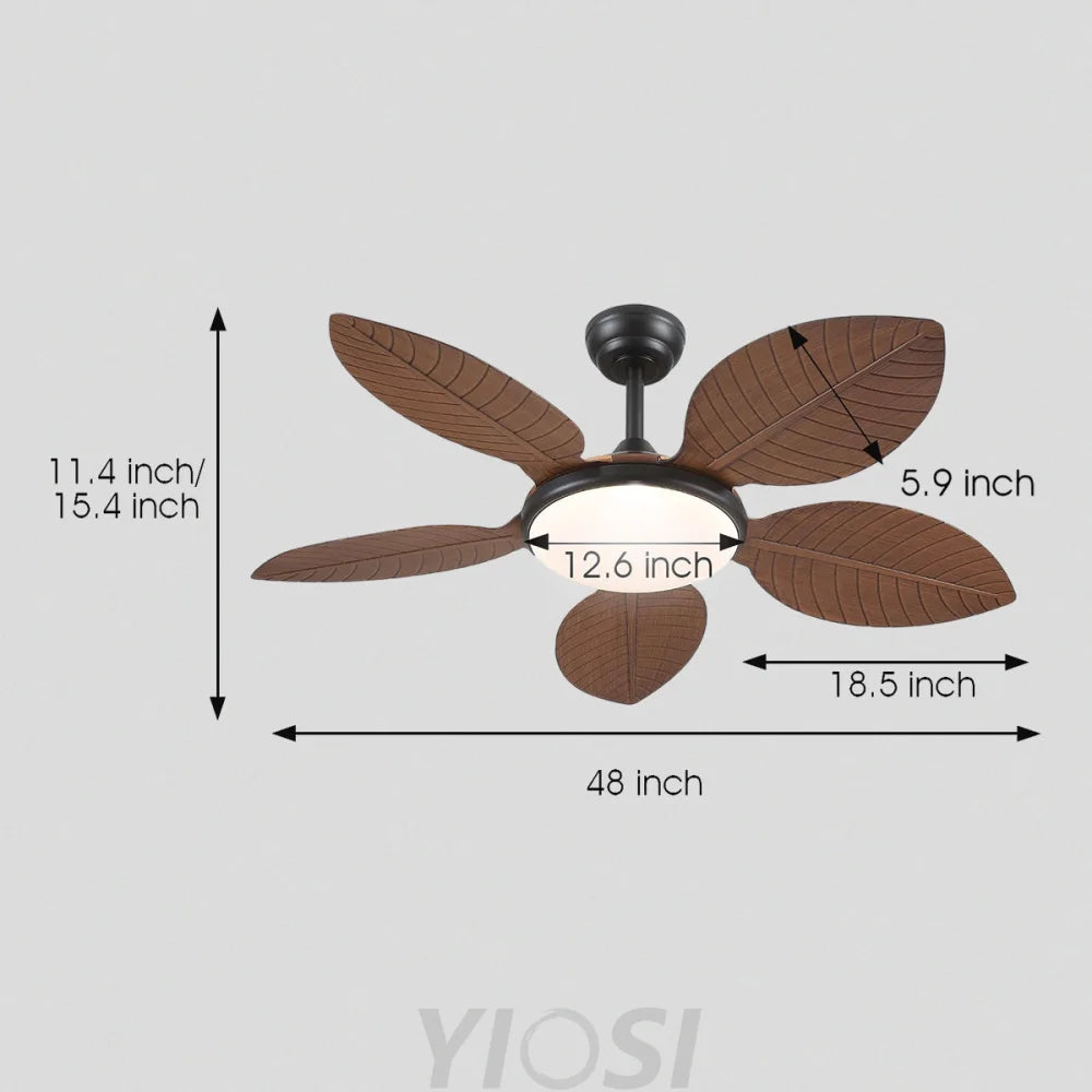 48’’ Tropical Modern Ceiling Fan with LED Light Remote Control & Adjustable Height Brown Ceiling Lights