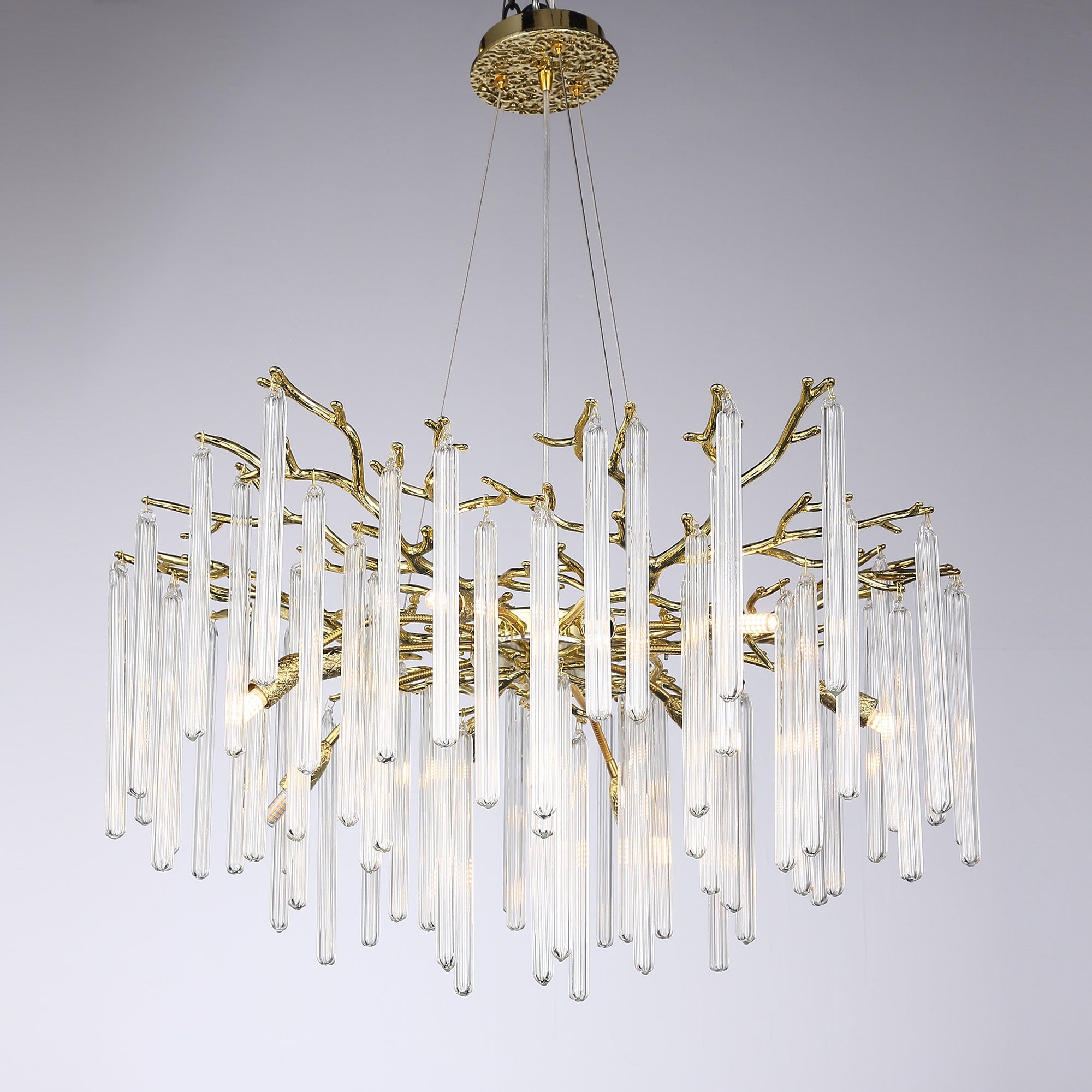 Fleur Modern Round Gold Clear Crystal Tube Branch Chandelier For Living Room