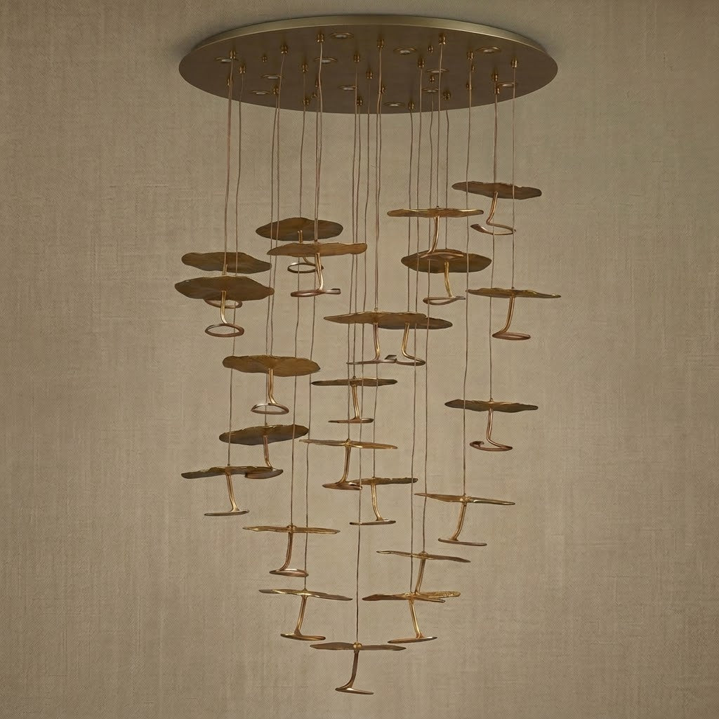 Yiosi Cascading Copper flush mount ceiling chandelier alternate view — modern lotus pad detail