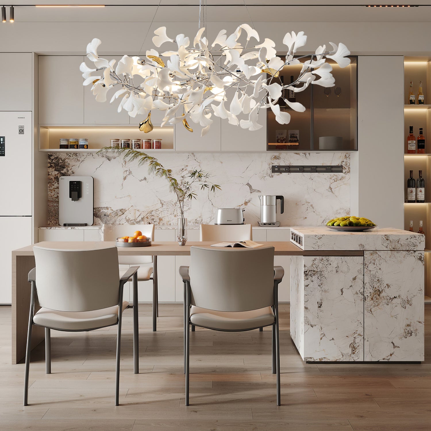 Ceramic Ginkgo Leaf Linear Dining Pendant 1500 - Silver