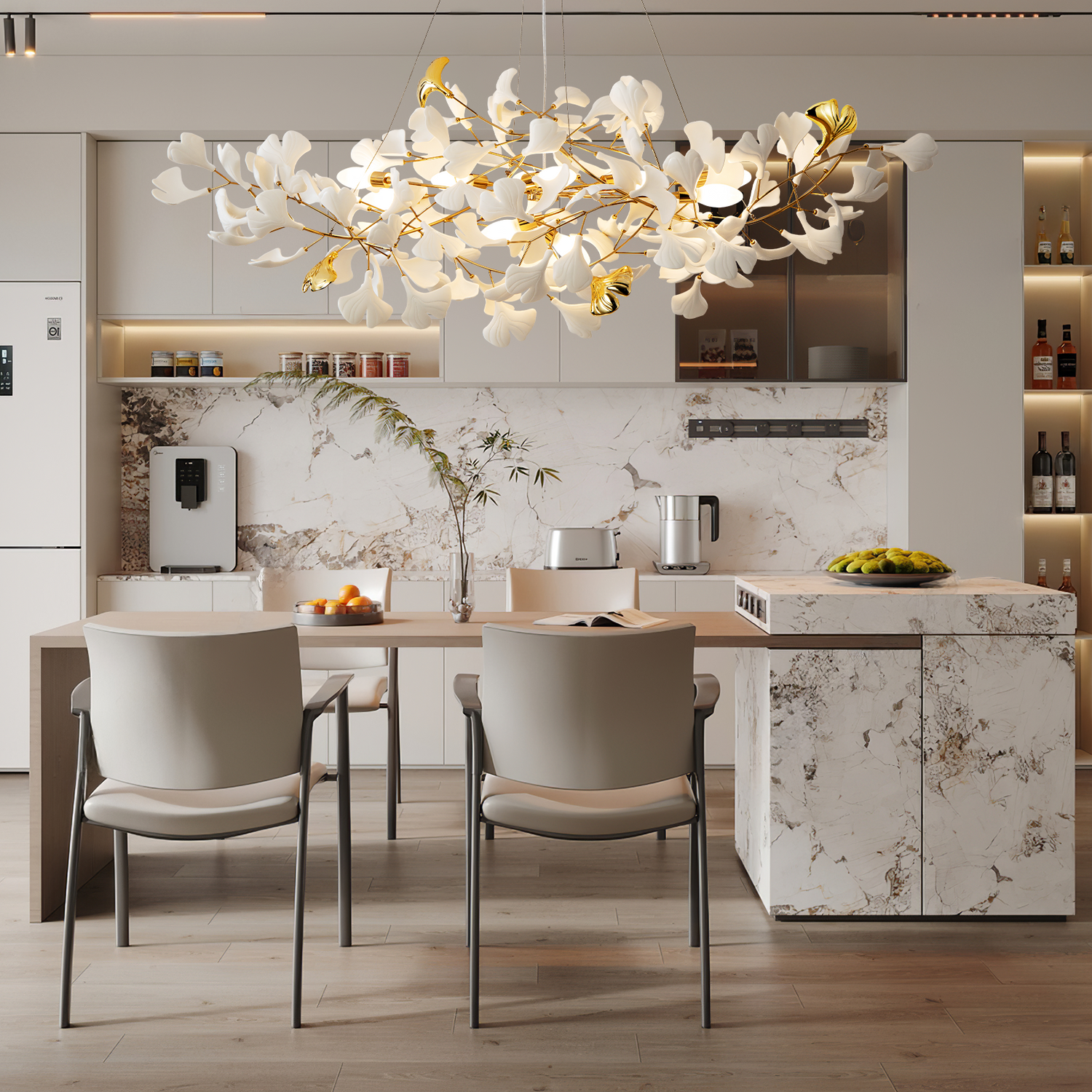 Plastic Ginkgo Leaf Linear Dining Pendant 1500 - Gold