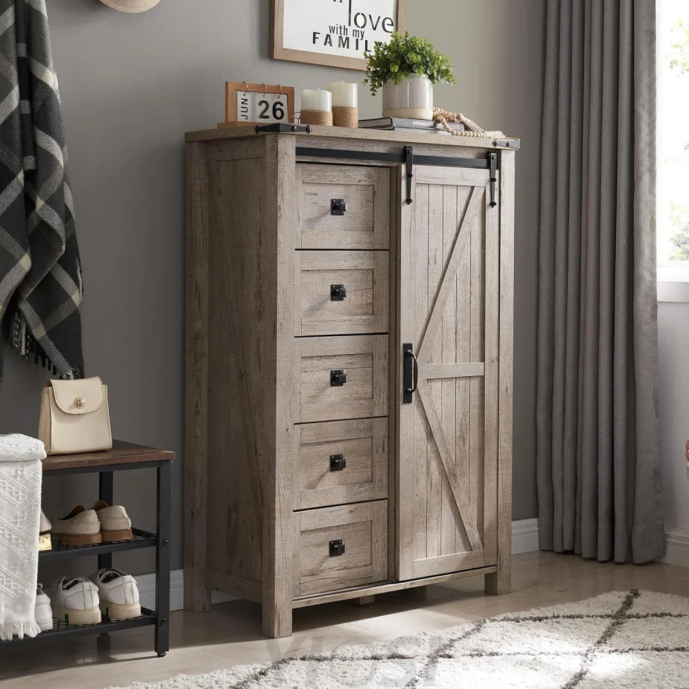 T4TREAM 5 Drawer Farmhouse Dresser with Sliding Barn Door