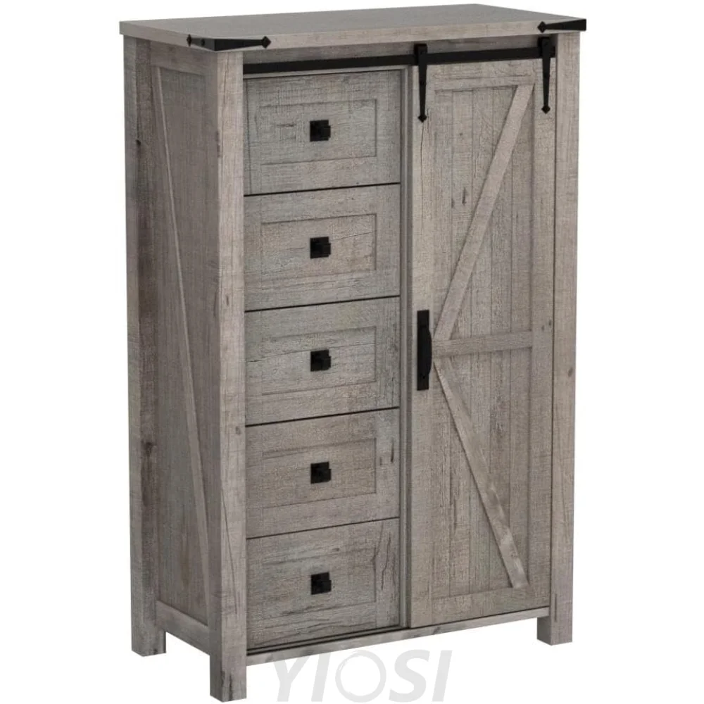 T4TREAM 5 Drawer Farmhouse Dresser with Sliding Barn Door