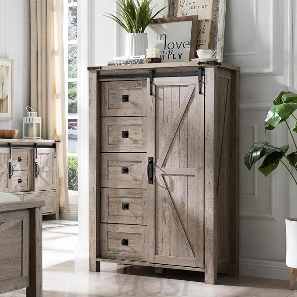 T4TREAM 5 Drawer Farmhouse Dresser with Sliding Barn Door