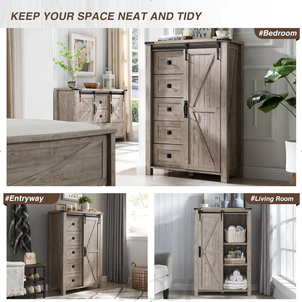 T4TREAM 5 Drawer Farmhouse Dresser with Sliding Barn Door